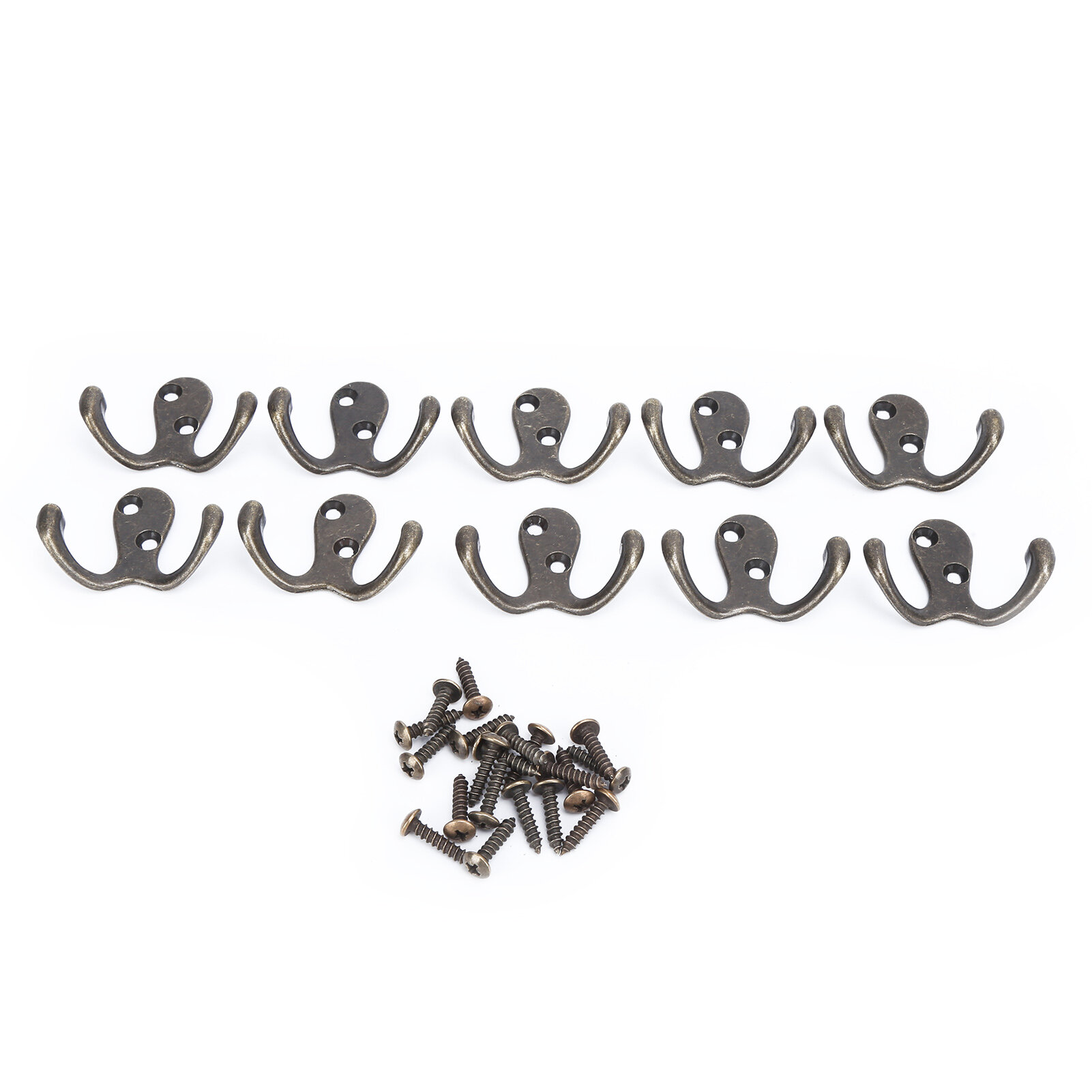 10Pcs Coat Hooks Small Double Prong AntiRust Sturdy Durable Convenient Wall Mounted Tiebacks for Clothing Keys(Antique Brass Plating )