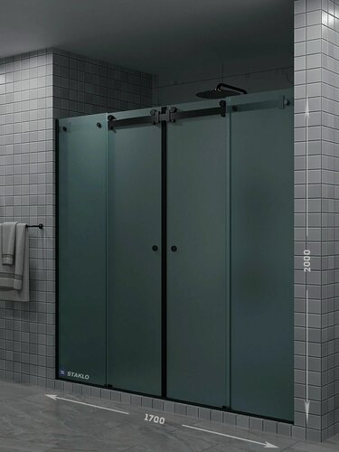 Изображение товара Раздвижная душевая в нишу четыре стекла staklo 170x200 из обычного матового стекла черная фурнитура