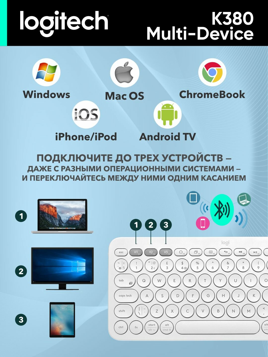Беспроводная клавиатура Logitech K380 Multi-Device Bluetooth, L920-009589, белая — фото 1