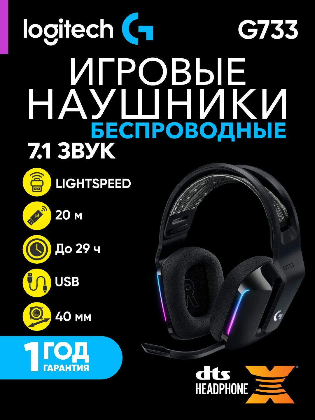 Беспроводные игровые наушники Logitech G733, с RGB-подсветкой, L981-000864
