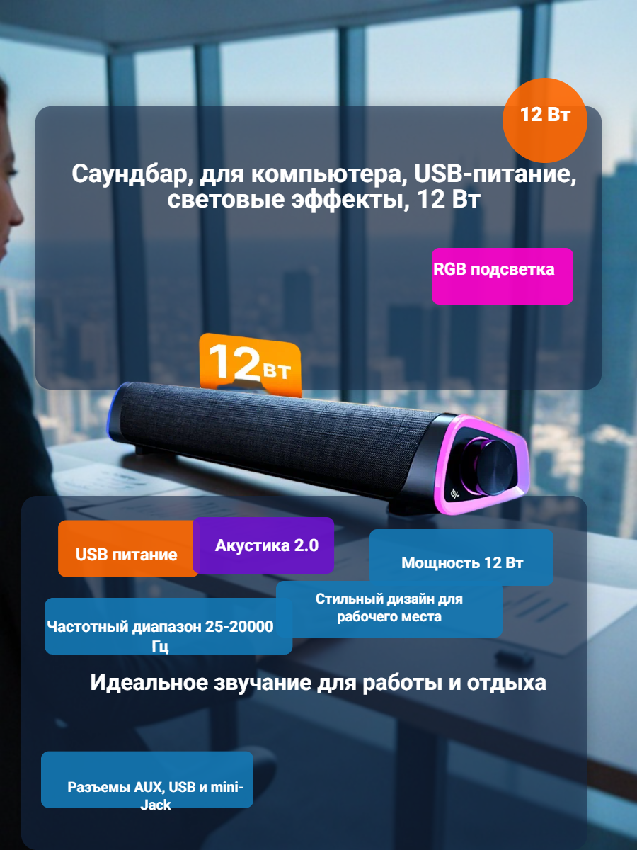 Саундбар , для компьютера, USB-питание, световые эффекты, 12 Вт