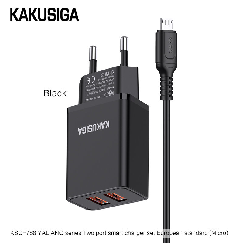 Сетевое зарядное устройство KAKUSIGA KSC-788 V8, с Micro-USB кабелем, универсальное, черное