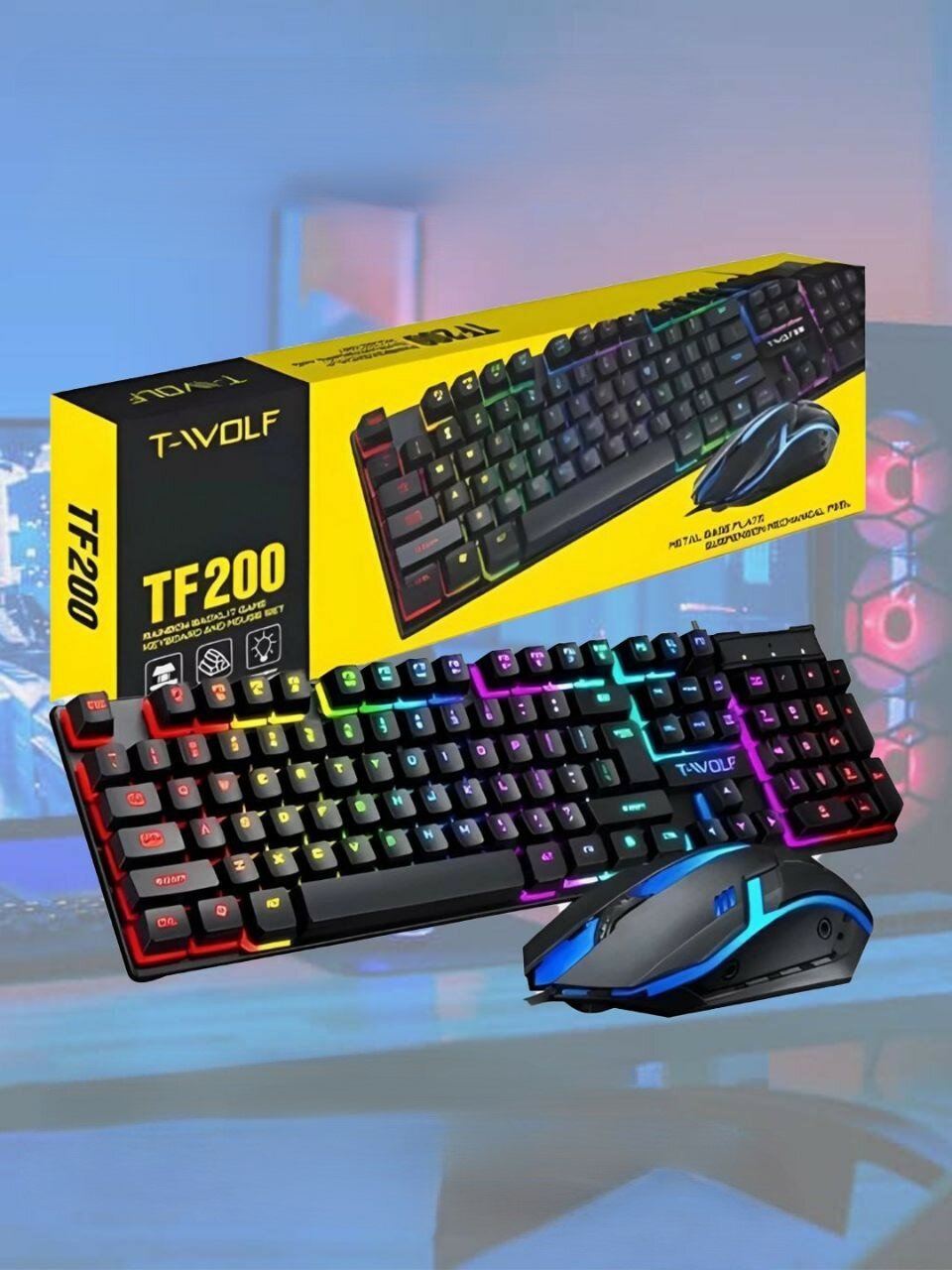 Игровой набор T-WOLF TF200 с RGB подсветкой: клавиатура и мышь, доступен в 3 цветах