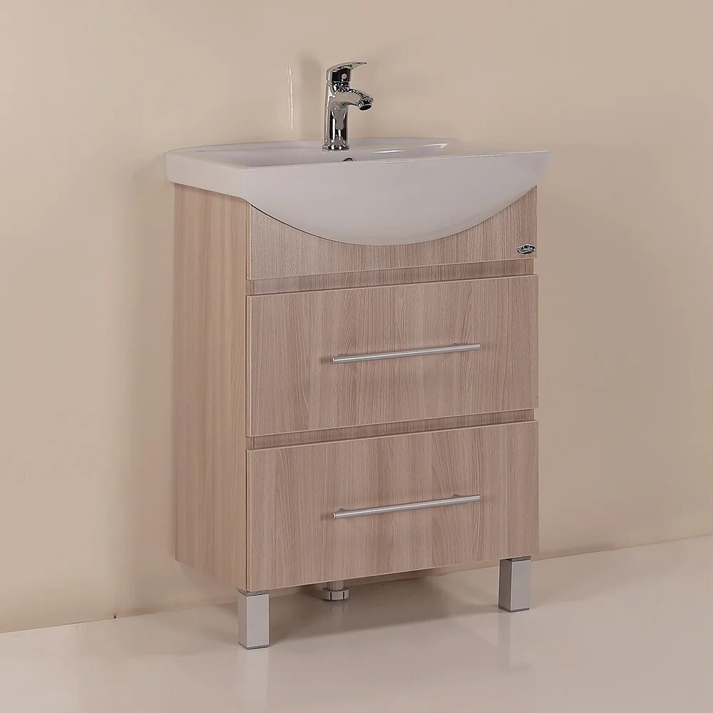 Тумба с раковиной Onika Дельта 60 напольная, 61, 5 см, светлое дерево, матовая, из ЛДСП, с ящиками, раковина для ванной, фарфоровая, полукруглая, встроенный слив-перелив, лофт