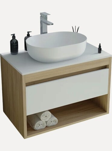 Изображение товара Тумба с раковиной Teymi Ritta 65 подвесная, 65 см, со столешницей, белая, светлое дерево, матовая, из МДФ, с ящиками, раковина для ванной, фарфоровая, овальная