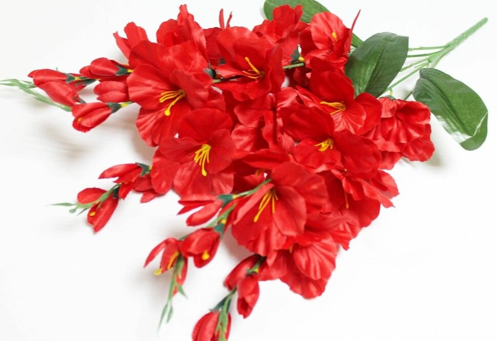 Цветы искусственные для декора флористов Букет крупных гладиолусов "Белое и красное Марго"25гол.+15бут. H69см