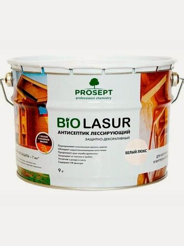Изображение товара Защитно-декоративный лессирующий антисептик PROSEPT BIO LASUR белый люкс, 9 л.