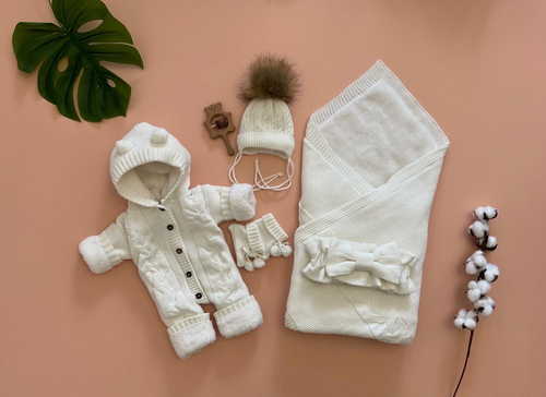 Изображение товара Конверт на выписку для новорожденного вязаный осень зима облако