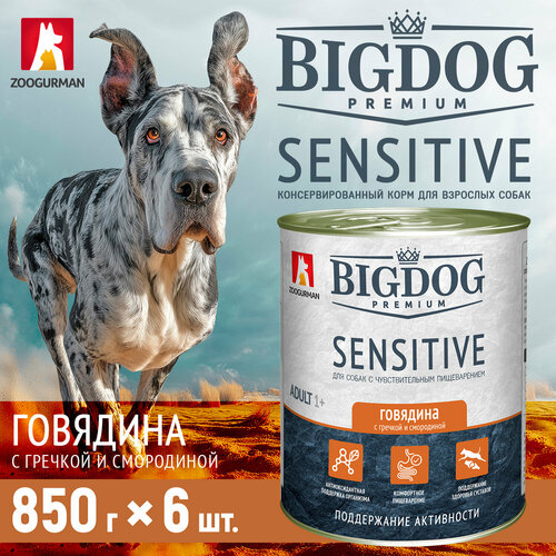 фото Влажный корм для собак зоогурман big dog premium sensitive с говядиной, гречкой и смородиной ж/б 850 гр х 6 шт.