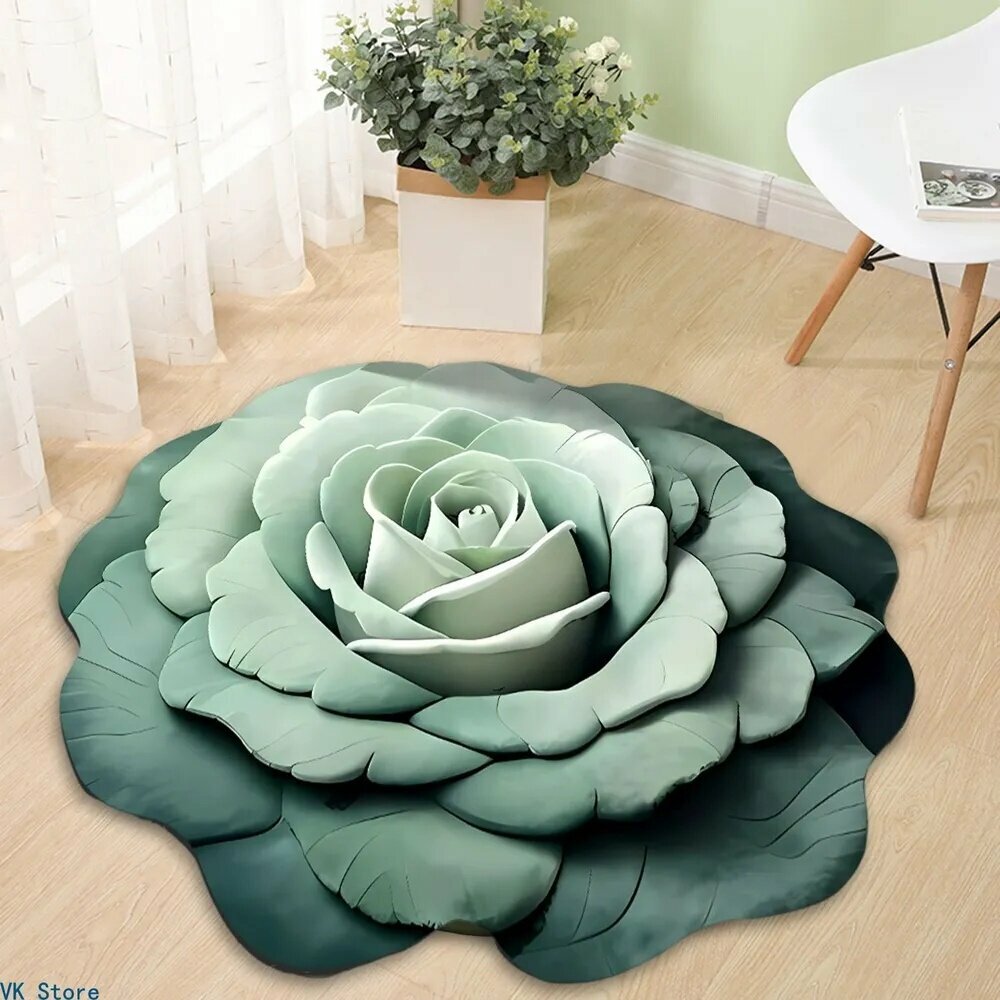 Ковер цветок пиона 60x60 см, круглый, плюш, основа из искусственной замши, стиль ар-деко