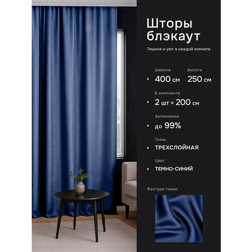 фото Комплект штор блэкаут однотонные плотные для спальни интерьерные темно-синие 200х250 см (2 шт.) dohouse