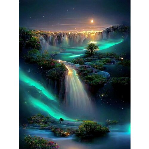 фото Алмазная мозаика на подрамнике 40x50 см. boomboomshop. "фантастический водопад в ночи" boomboom shop