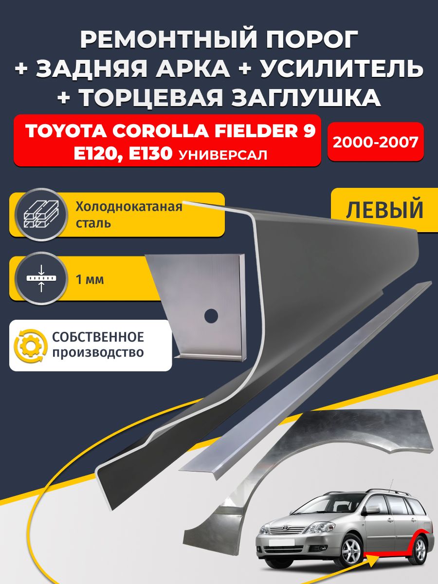 Левая ремонтная задняя арка (0,8 мм) и левый стандартный ремонтный порог + торцевая заглушка + усилитель, на Toyota Corolla fielder 9 E120, E130 2000-2007 (Королла Филдер). Холоднокатаная сталь 1 мм