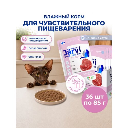 фото Влажный корм jarvi extra meat line для кошек с чувствительным пищеварением с ягненком (кусочки в соусе), 85 г х 36 шт.