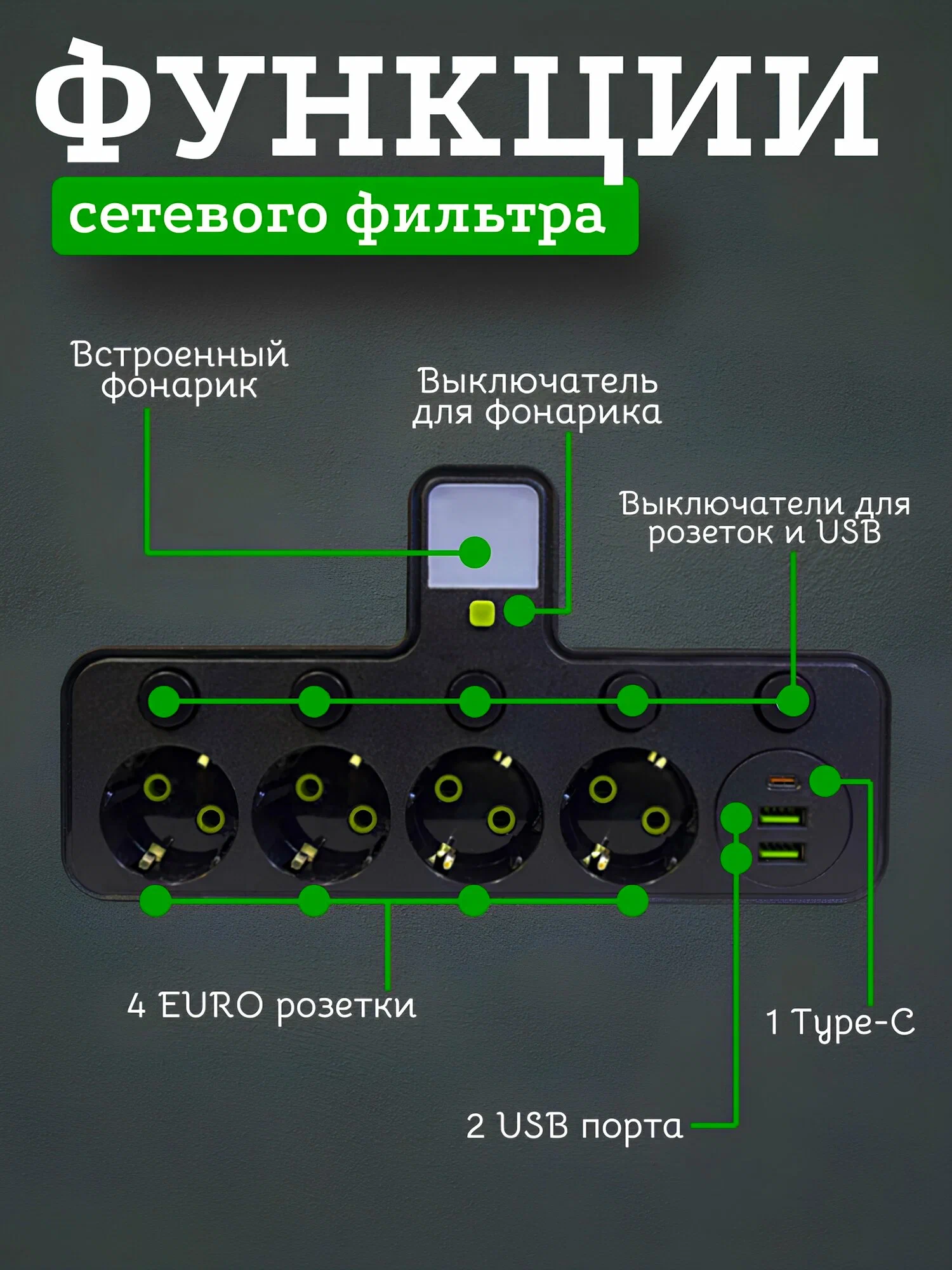 Сетевой разветвитель с функцией ночник, 2 USB и 1 Type-C порт, мощность 2500 ВТ, черный, 4 розетки — фото 1