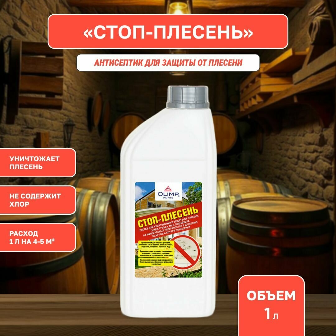 Стоп-плесень OLIMP пропитка для уничтожения плесени и грибка антисептик для дерева невымываемый для наружных и внутренних работ (1л)