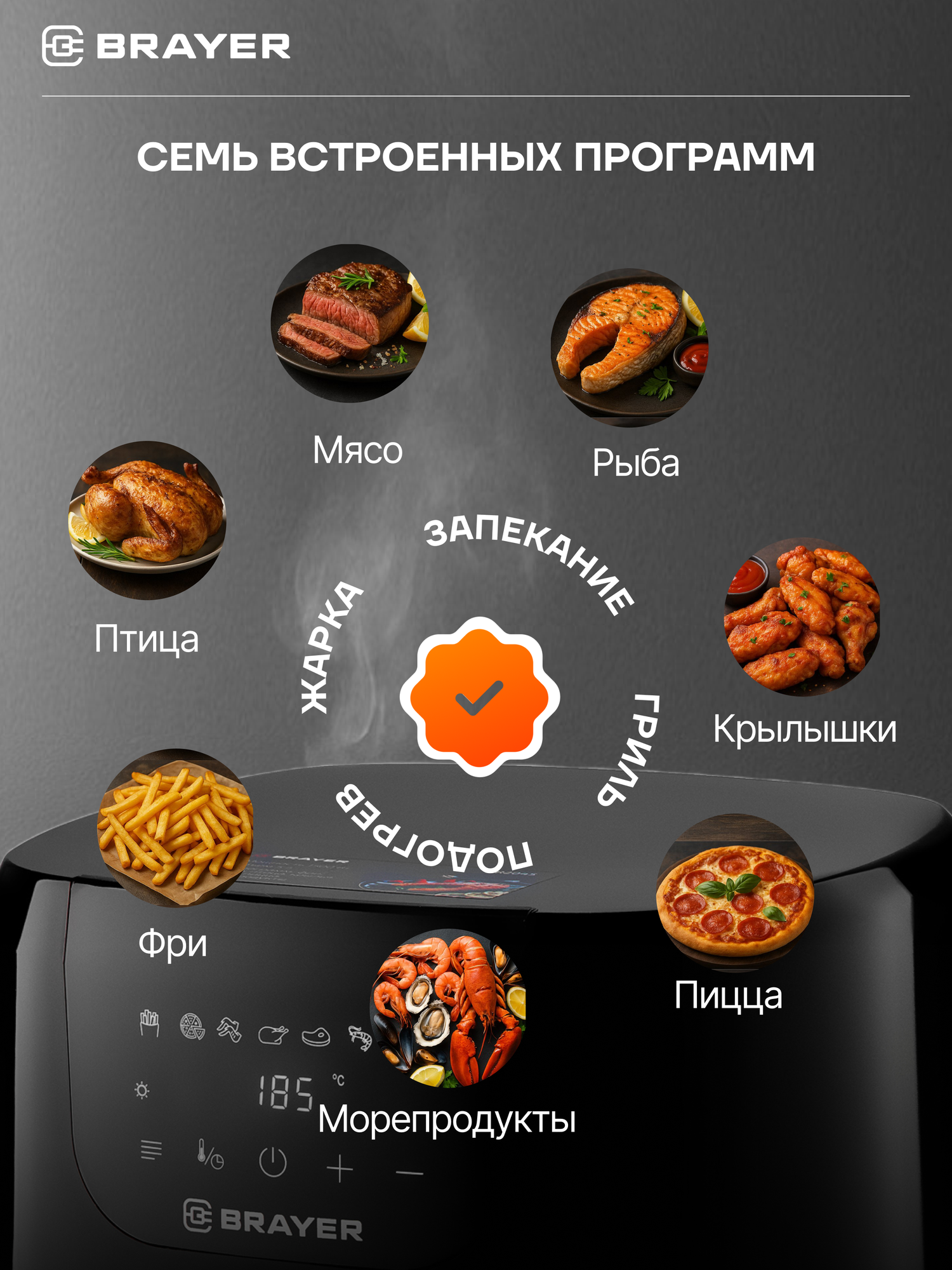Аэрогриль BRAYER BR2045, 1500 Вт,5 л, t. 200С, съемная решетка, таймер, LCD-дисплей, 7 программ — фото 1