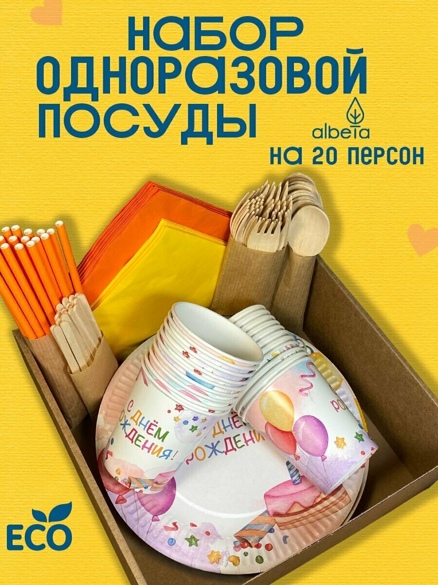 Одноразовая посуда для праздника детская (тарелки, стаканчики, вилки, ложки) набор на 20 персон, принт "День рождения"