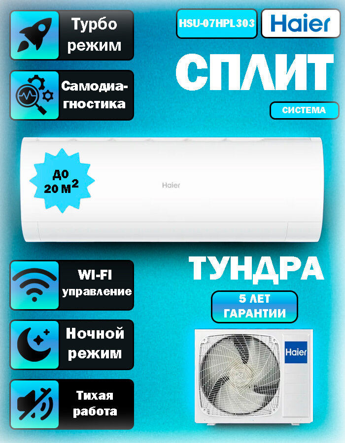 Кондиционер Haier Tundra HSU-07HTT03 Wi-Fi скрытый LED-дисплей площадь до 20м² белый
