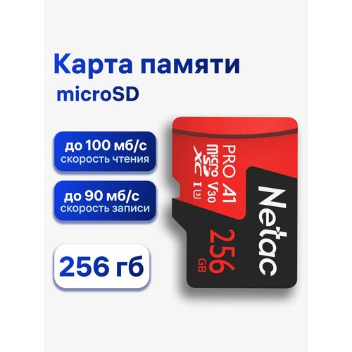 Карта памяти Netac microSDXC 256 ГБ Class 10, V30, A1, UHS-I, R 100 МБ/с, без адаптера
