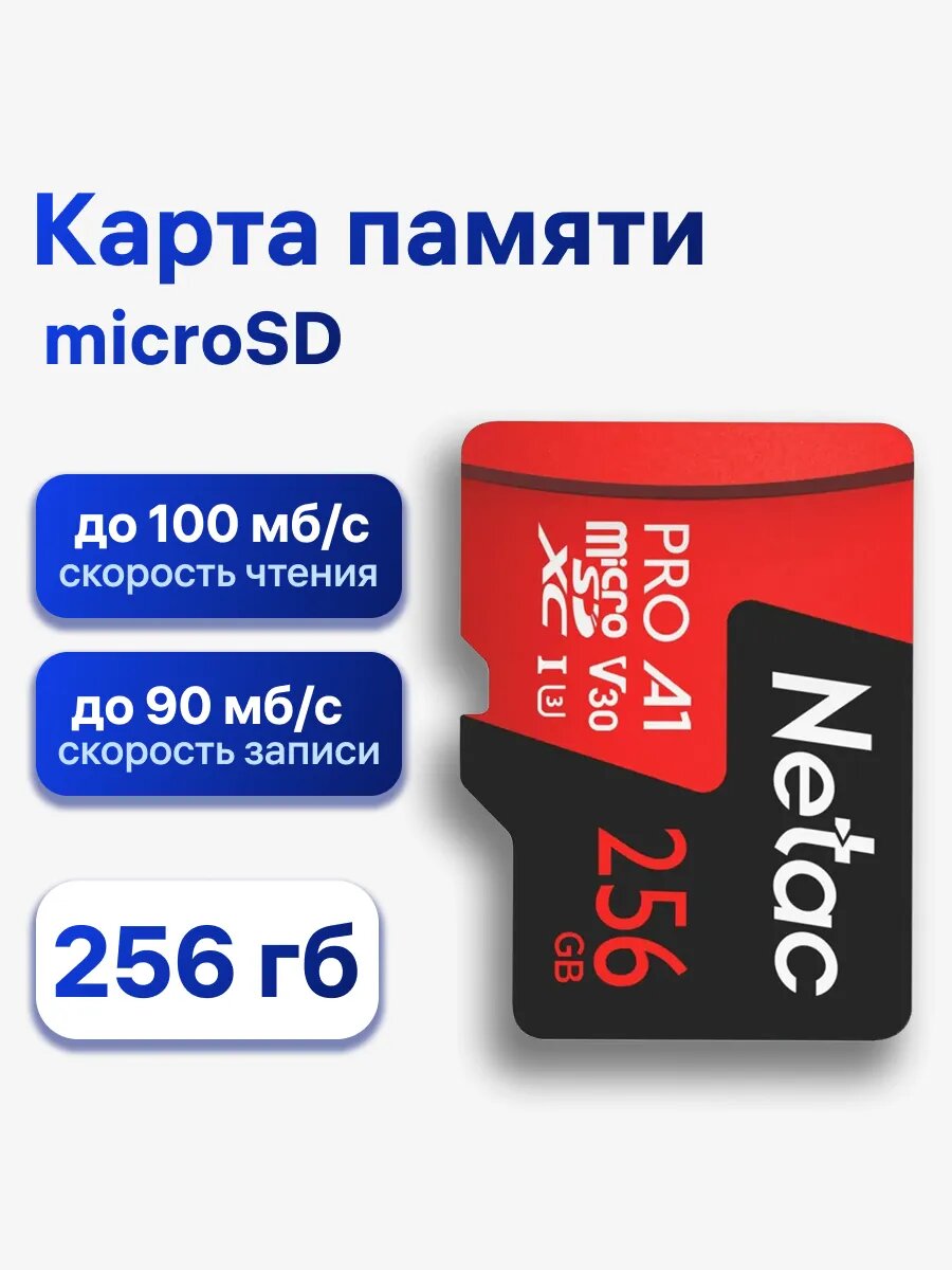 Карта памяти Netac P500 Extreme Pro, microSDXC, 256 ГБ, Class 10, V30, A1, UHS-I, без адаптера
