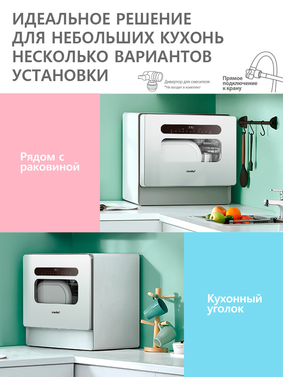 Компактная посудомоечная машина Comfee CDWC555Wi, 5 комплектов, 7 программ, Wi-Fi управление, автооткрывание двери, узкий корпус, LED дисплей, белый — фото 1