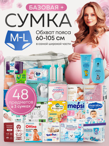 Изображение товара Готовая сумка в роддом для малыша и мамы BAZA PLUS, послеродовые трусы ML, 48 предметов, серая прозрачная