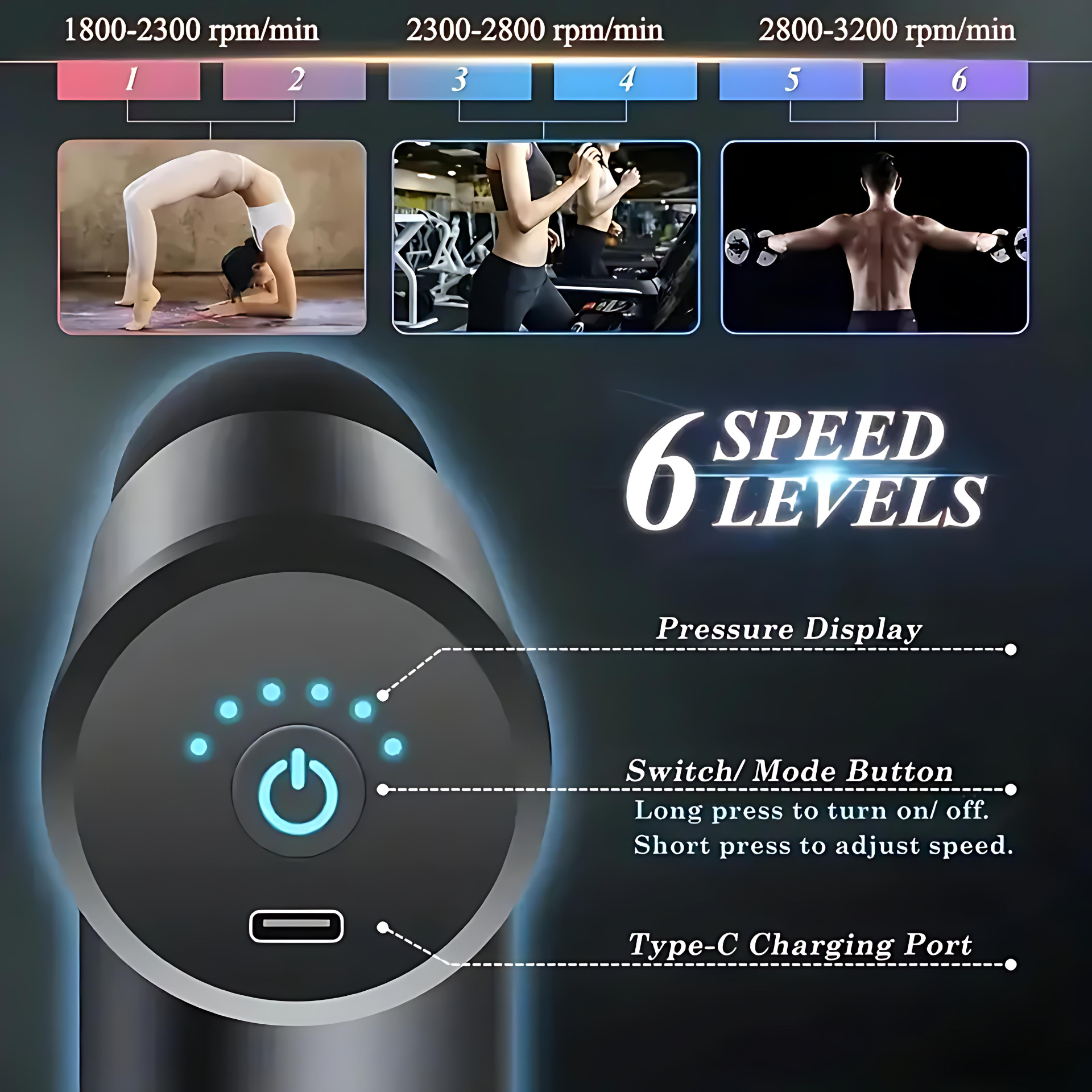 Мини массажный пистолет Massage gun, бесшумный, 6 режимов, USB Type-C. Red — фото 1