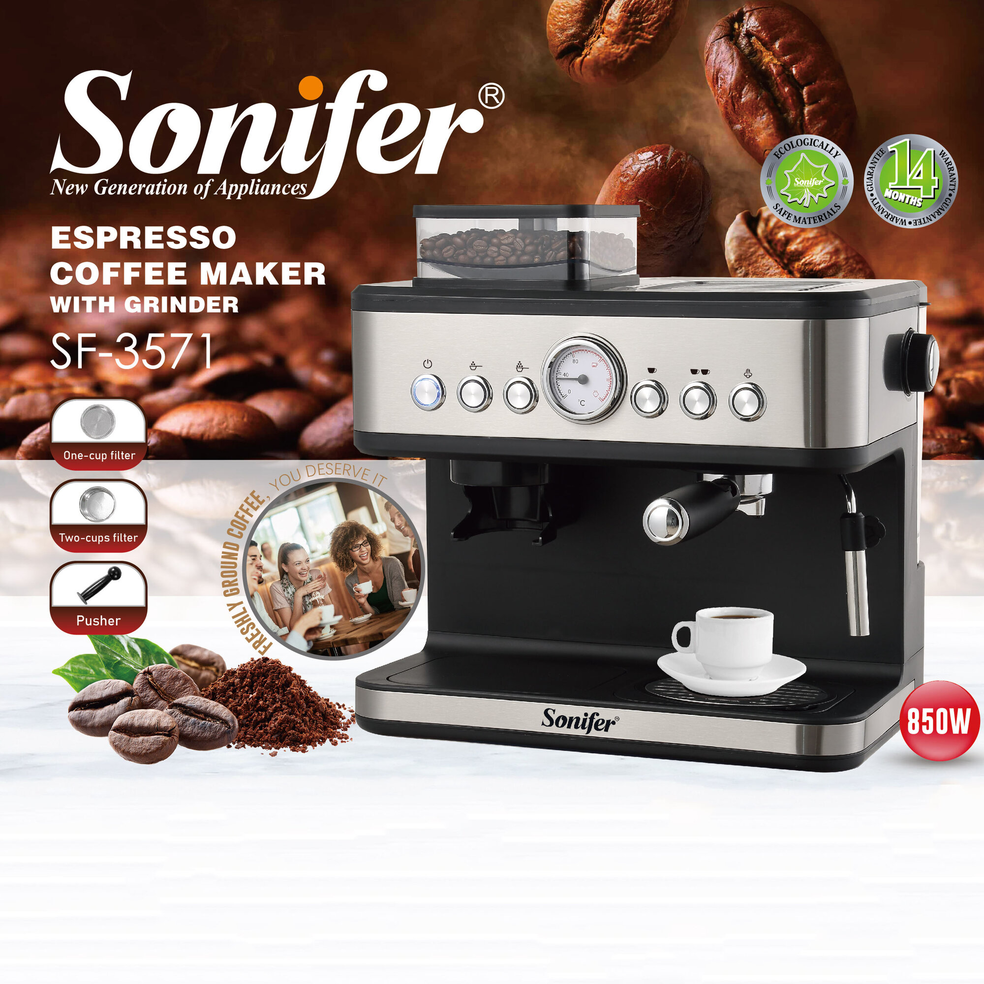 Кофемашина Sonifer SF-3571, 850Вт, давление 15Бар, съемный лоток, серебристый цвет