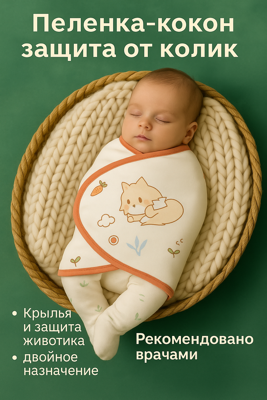 Пеленка-кокон, спальный мешок, 100% хлопок, для новорожденных, с липучками