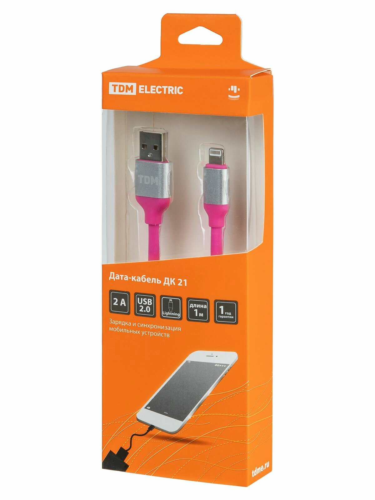 Провод для айфона Lightning 1 м, силиконовая оплетка, розовый, TDM ELECTRIC — фото 1