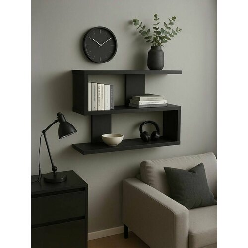 Полка настенная навесная Черный ЛДСП, для дачи/дома/офиса, 59х42х12 см