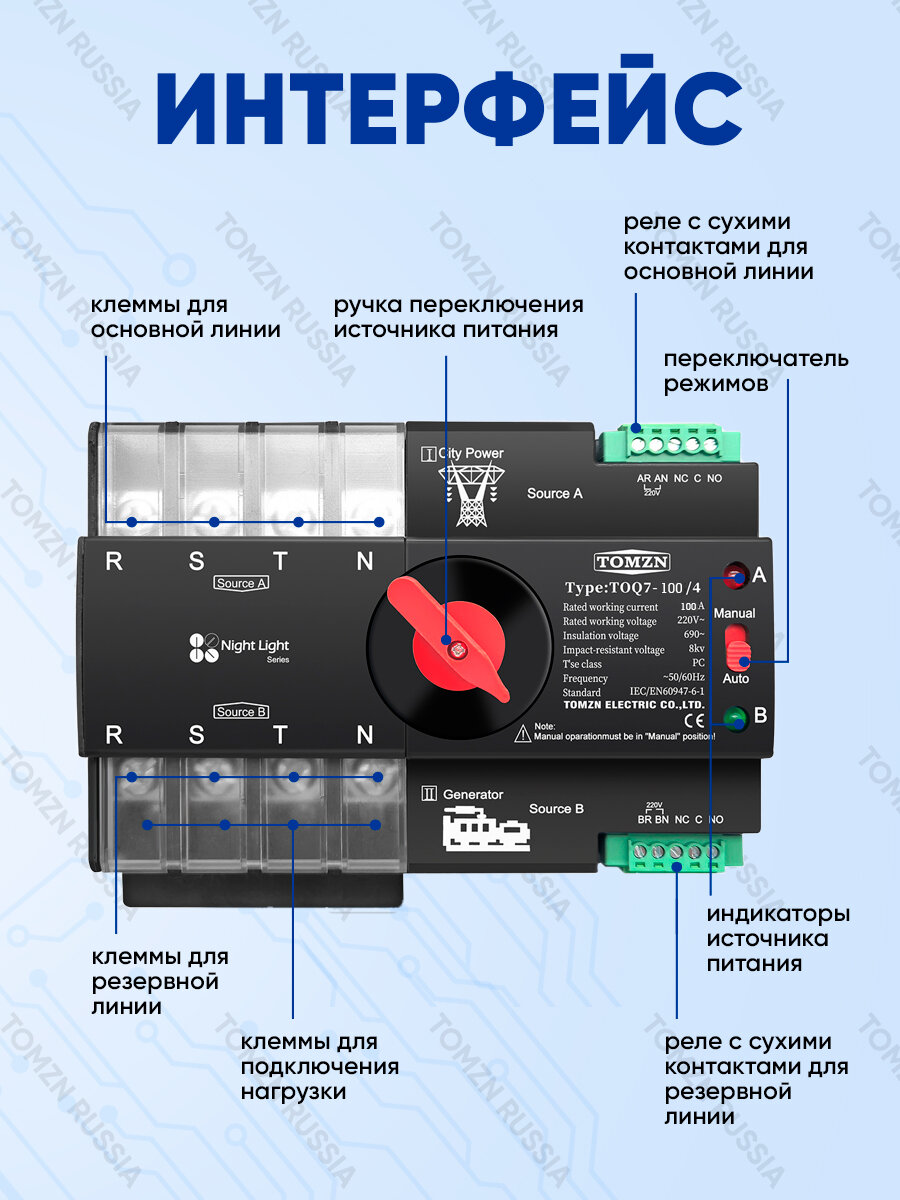 Устройство автоматического ввода резерва TOMZN TOQ7-100/4P АВР на100 А трёхфазное — фото 1