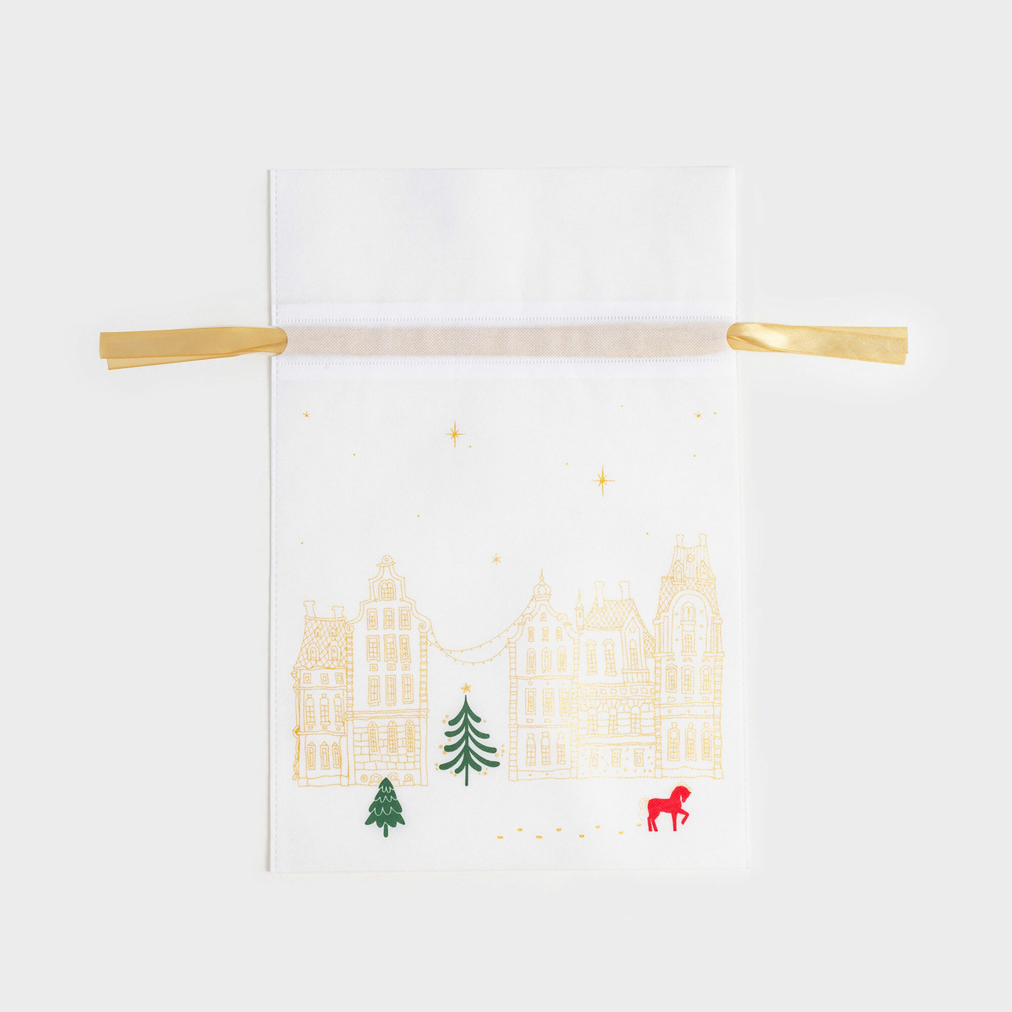 Мешок подарочный 30х45 см с завязками полипропилен белый Домики и лошадь Snow sparks
