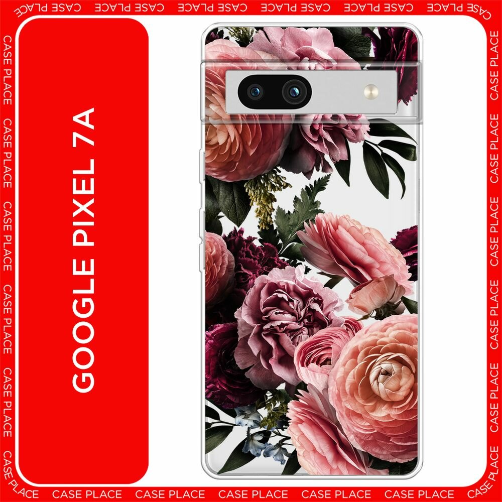 Чехол на Google Pixel 7a / Гугл Пиксель 7a с принтом "Бордовые винтажные цветы", прозрачный