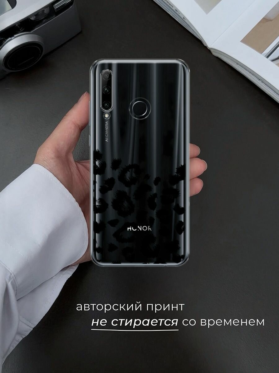Чехол на Honor 10i/20 Lite 2019/20e/Huawei P Smart Plus 2019 с принтом "Окрас леопарда фон черный", прозрачный — фото 1