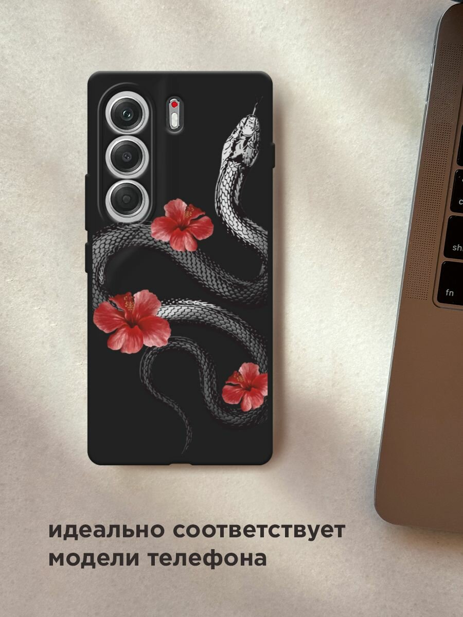 Черный матовый чехол на Tecno Camon 40 / Текно Камон 40 с принтом "Змея в красных цветах" — фото 1