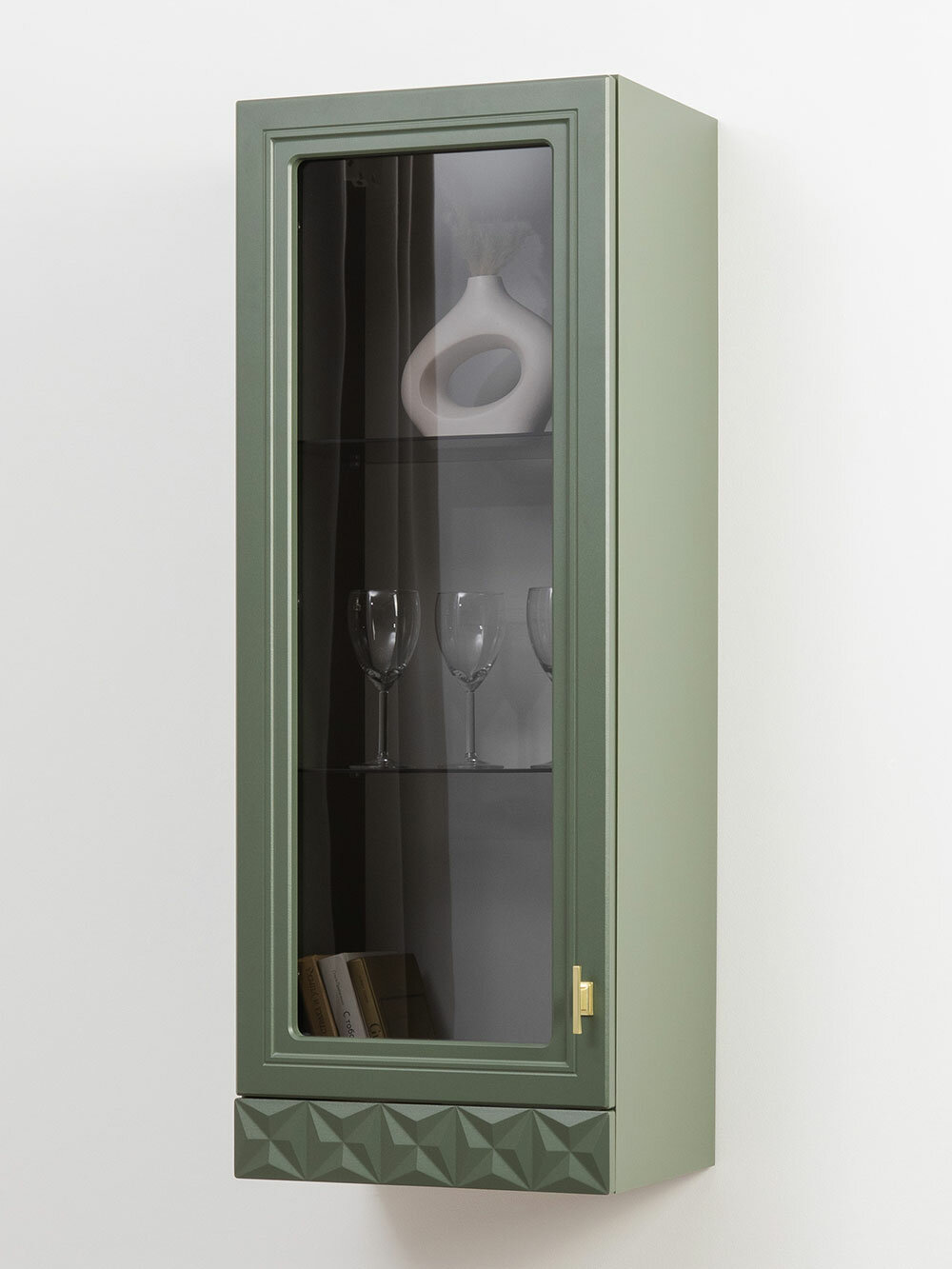 Навесной шкаф-витрина Марион с полками 40х30.5х107.3 см Дымчатый зеленый / Олива шагрень