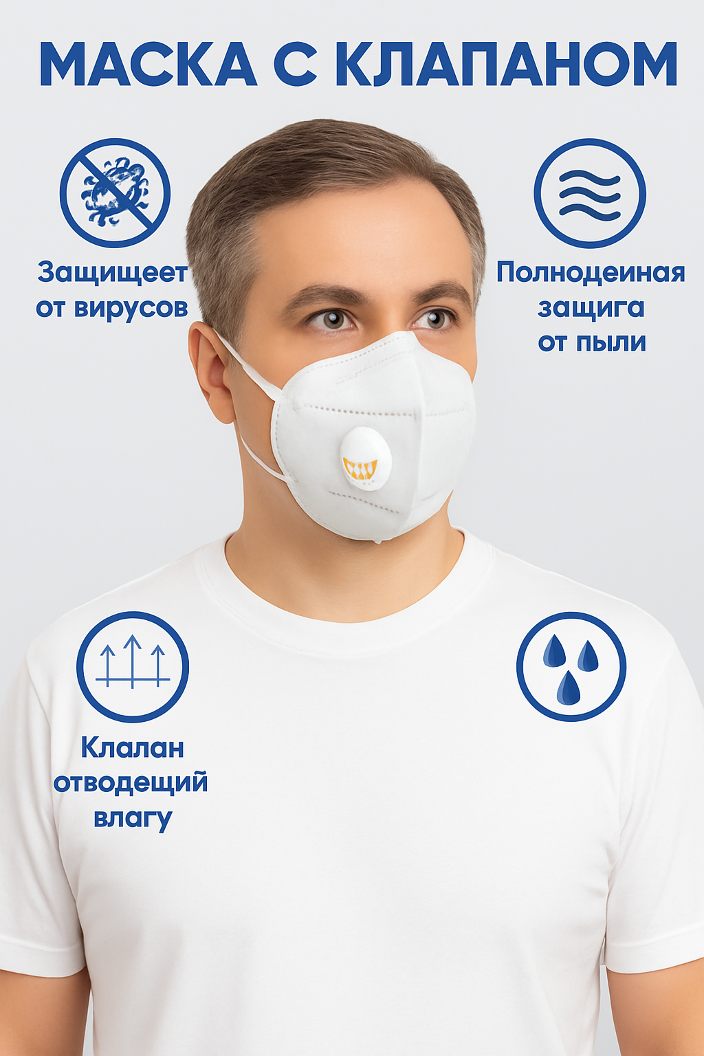 Маска-респиратор, многоразовая, с клапаном, KN95, защита от вирусов, 5 штук