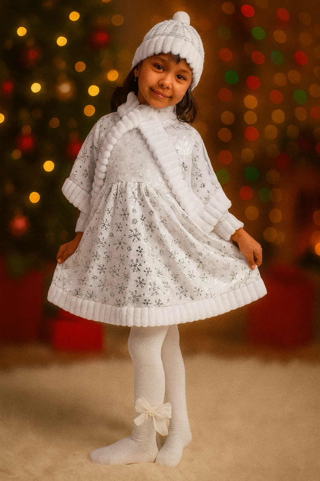 Новогодний костюм снегурочки Нарядное платье для девочек, карнавальное платье с накидкой