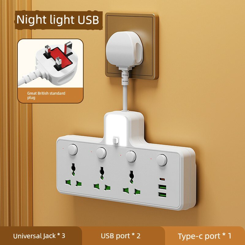 Универсальная розетка британская крупная вилка переходник 1 в 4 с USB подсветкой короткий кабель пут