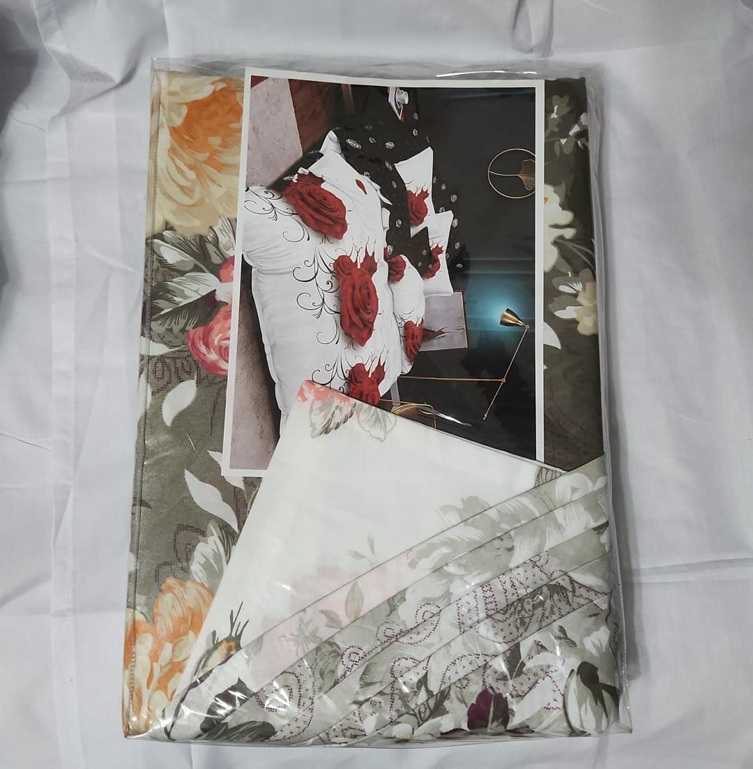 Постельное белье, хлопок, двухспальный комплект разноцвет с принтом цветы