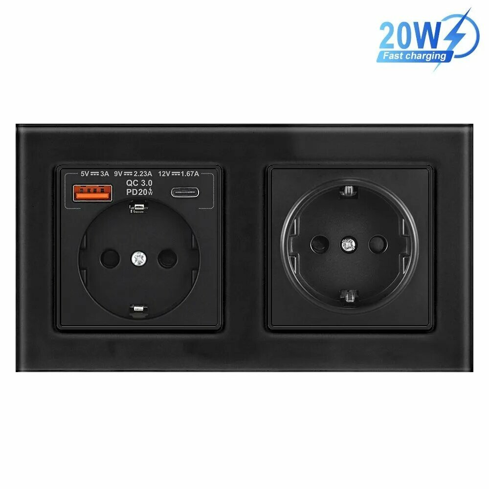 Розетка электрическая двойная с USB и type-C входами, быстрая зарядка 20W, рамка закаленное стекло Черная