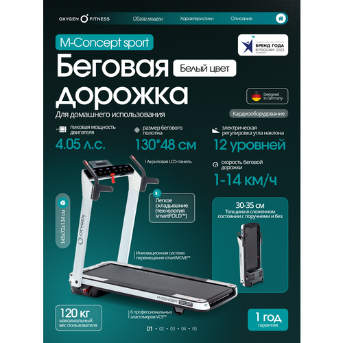 фото Беговая дорожка электрическая для дома oxygen fitness m-concept sport white