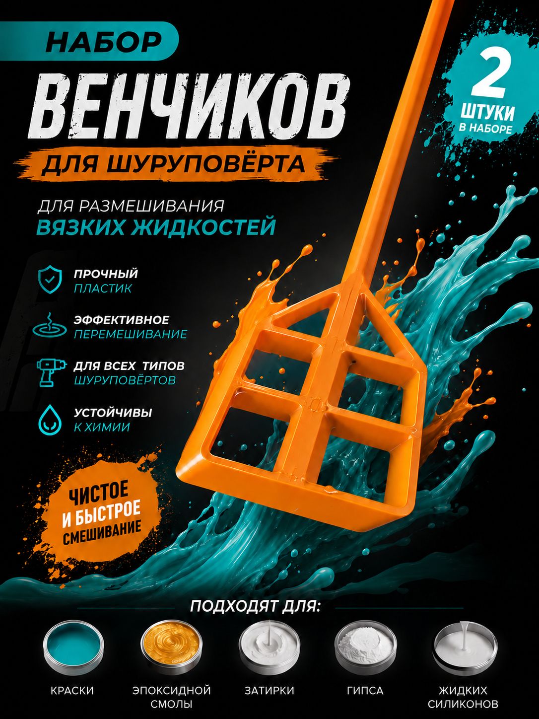 Насадка - миксер для дрели, венчик для краски на дрель, насадка или мешалка для миксера, для перемешивания строительных