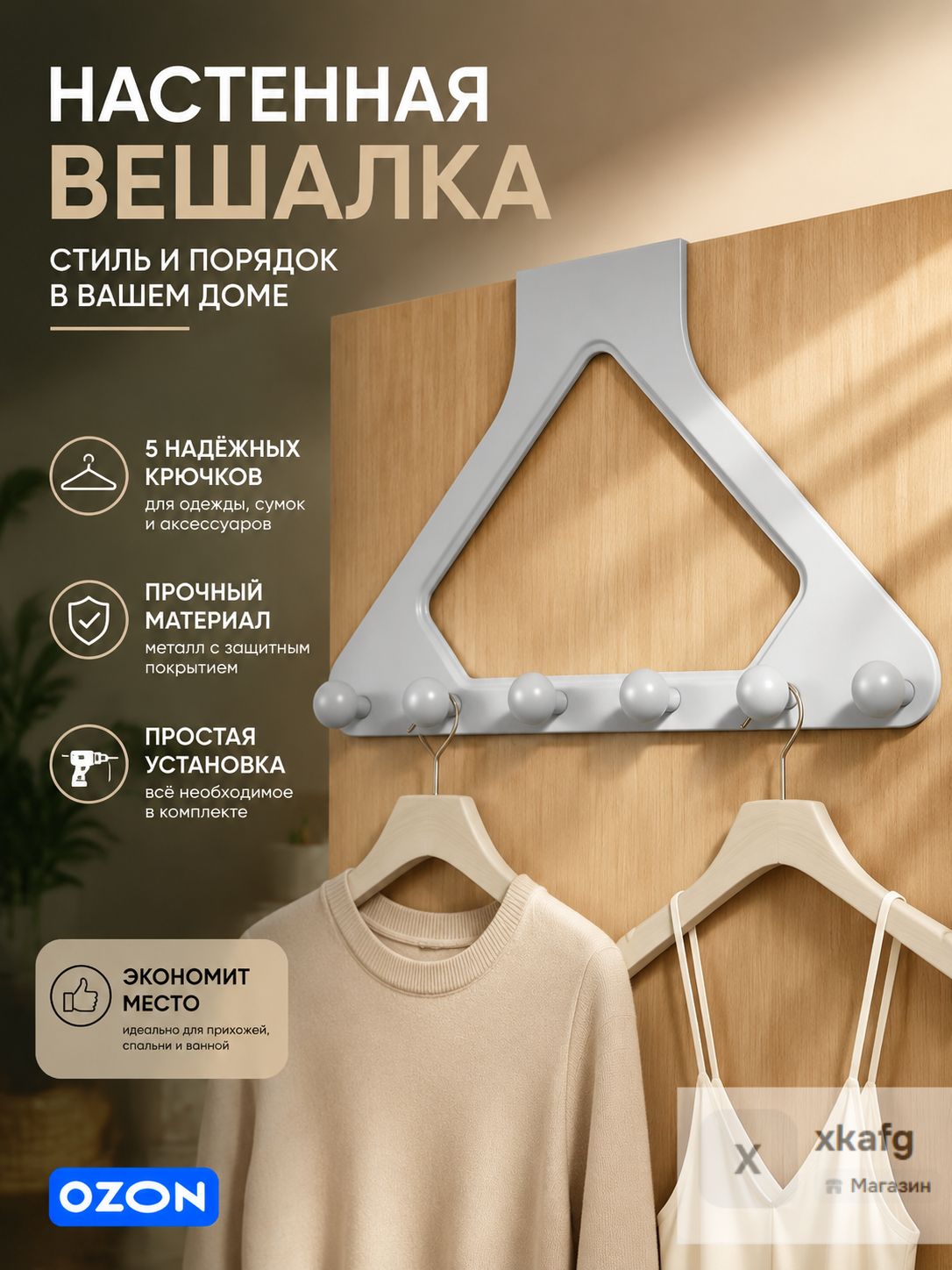 Треугольная вешалка на дверь 6 крючков без сверления