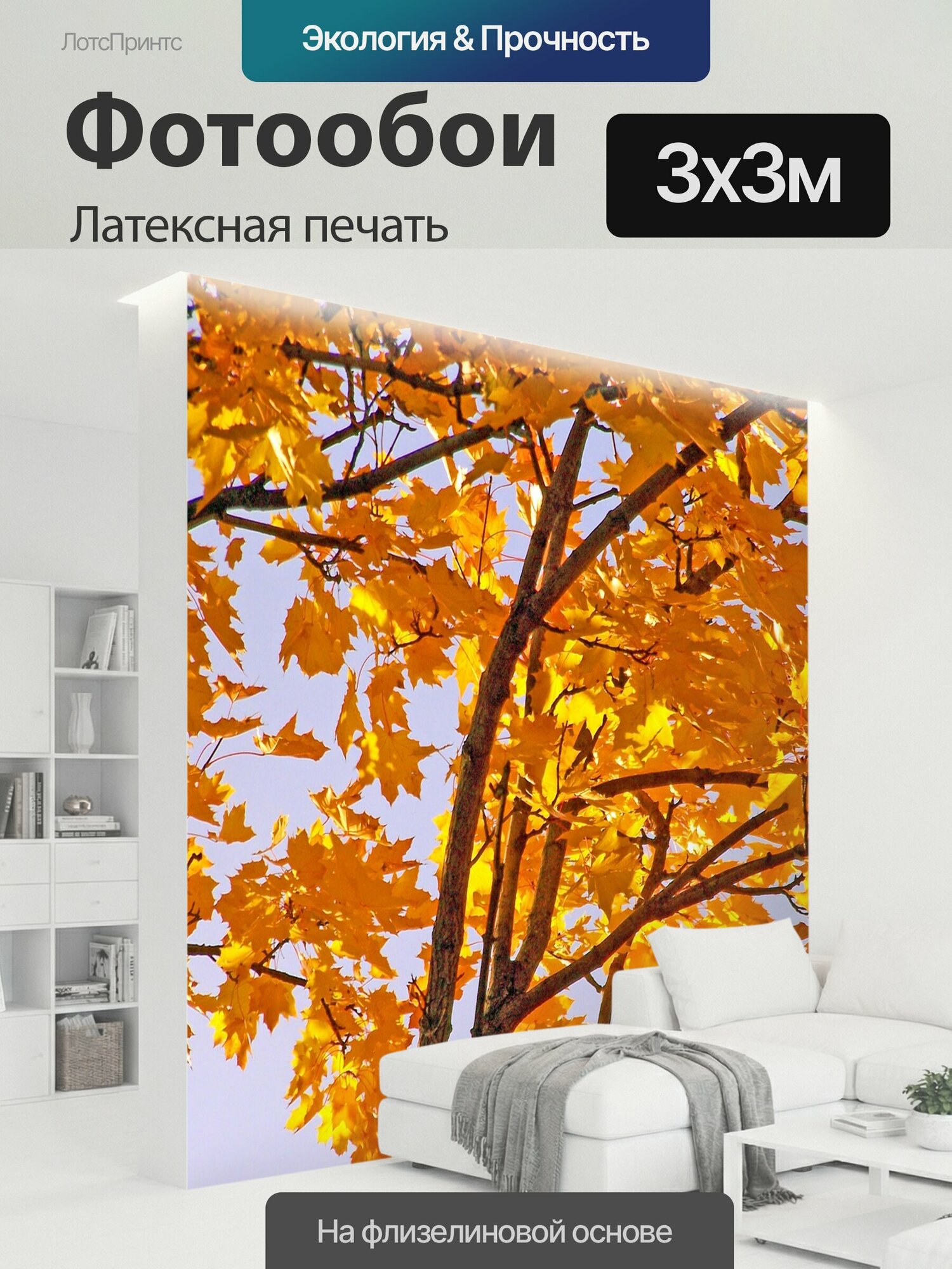 Фотообои моющиеся ударопрочные "Желтый, клен, дерево" 300x300 см. латексная печать