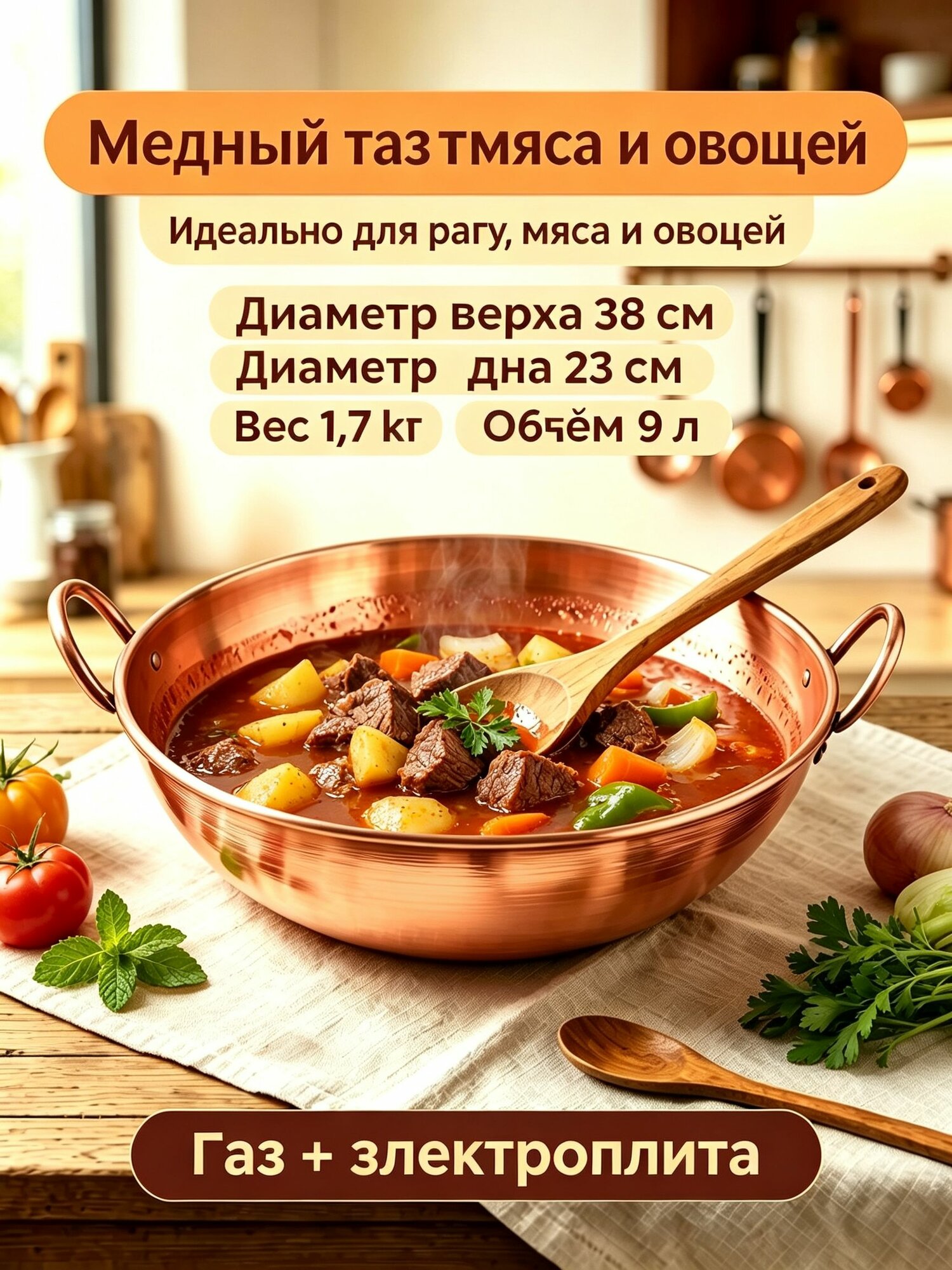 Медный таз для варенья 9л d38см, для ягод, карамели, газ и электроплита