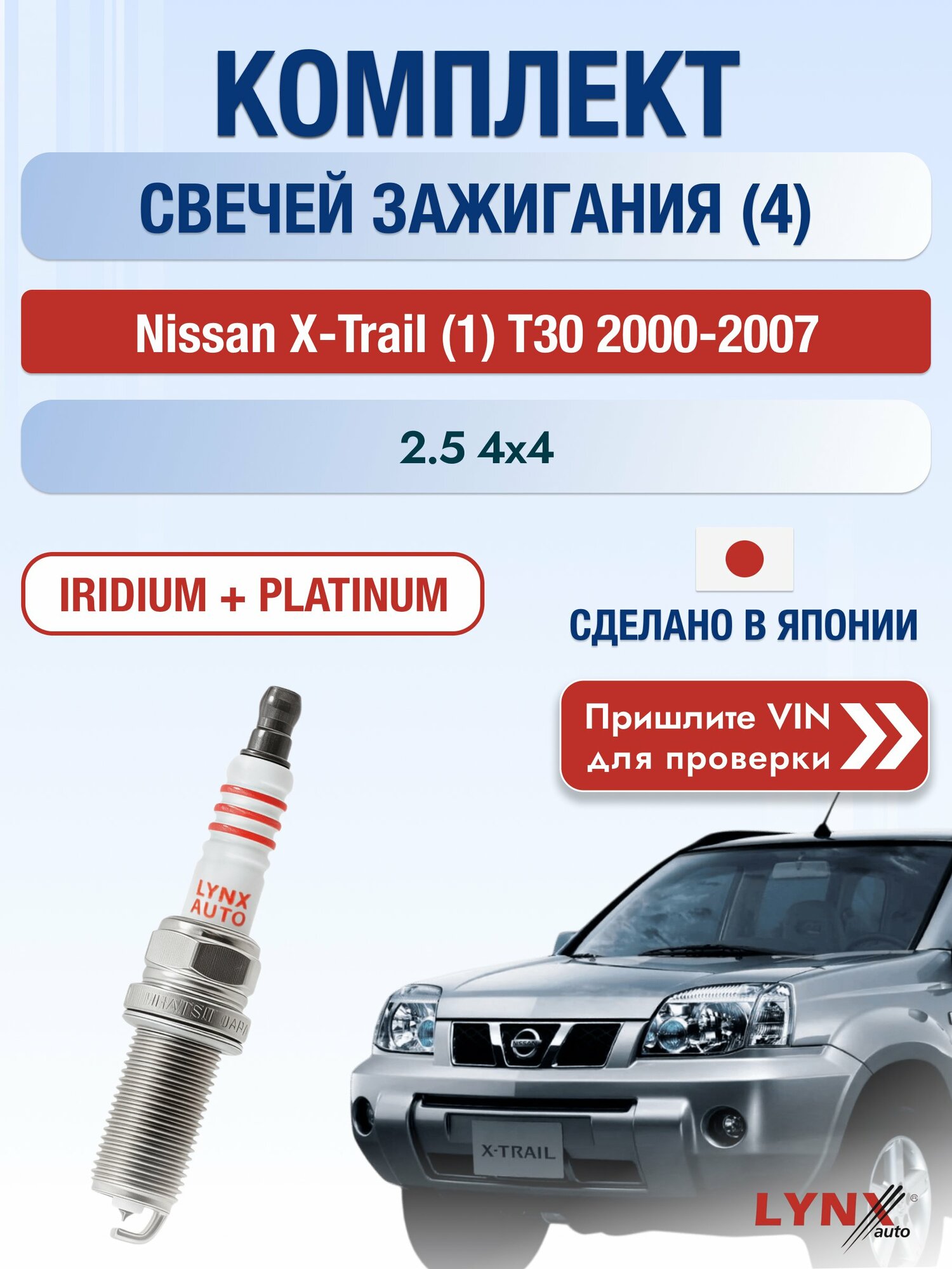 Свечи зажигания на Nissan X-Trail (1) T30, комплект 4 шт / 2000-2007 / Двигатель 2.5 4x4 (QR25DE) QR25DE SР-238 LYNXauto