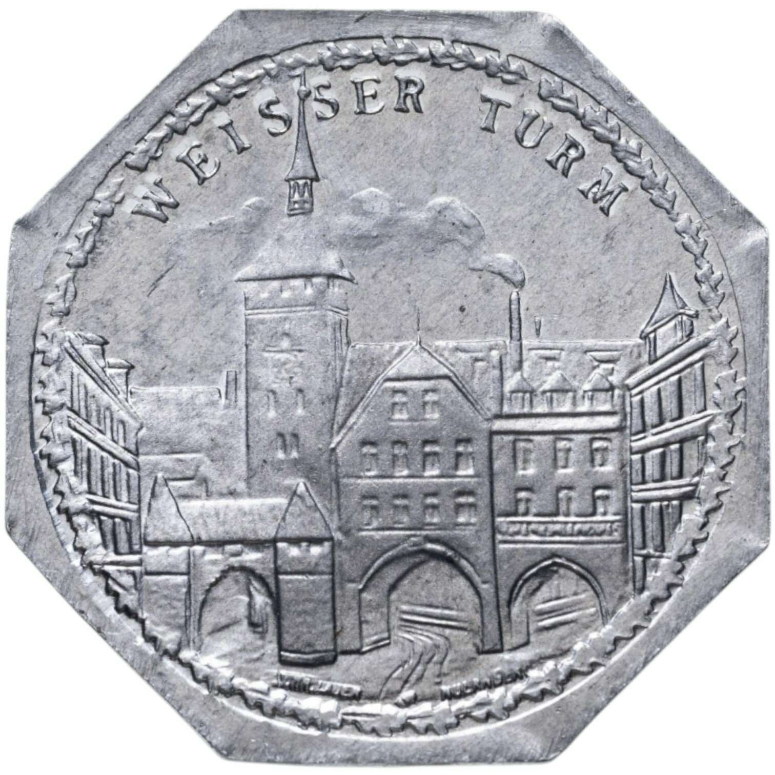 Германия Нюрнберг нотгельд 20 пфеннигов 1921 "Белая башня" трамвайный жетон, Алюминий, в сохранности AU
